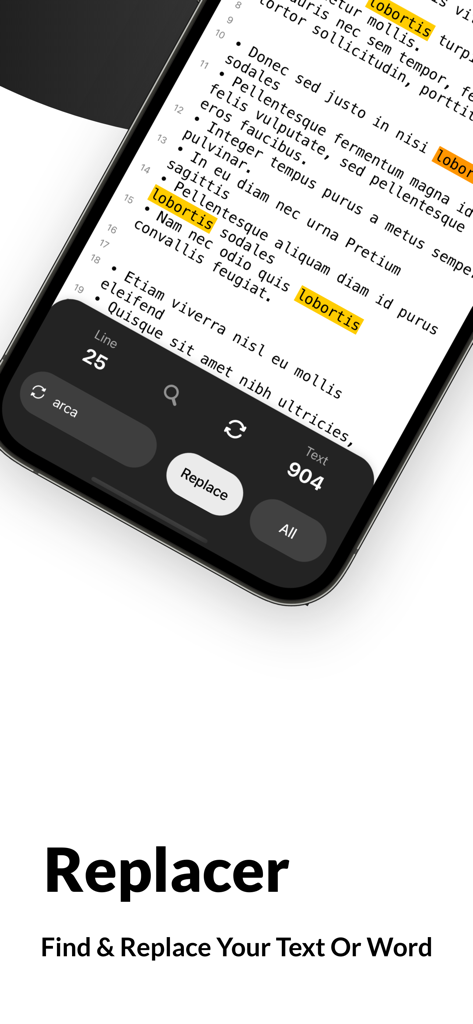 Text Editor - Document Editor - Mobile app interface showing find and replace tool with highlighted text in dark mode