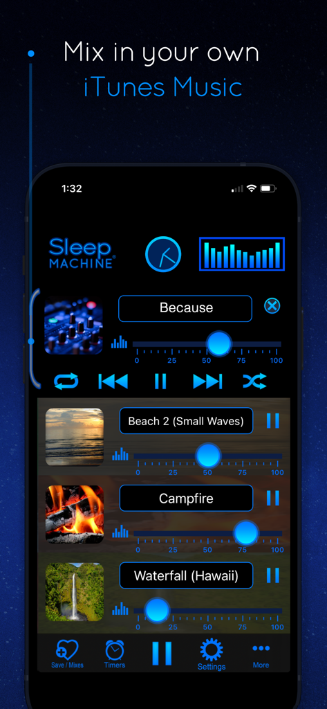 Sleep Machine - Interface do aplicativo Máquina de Dormir mostrando a integração de música do iTunes com camadas de som ambiente personalizadas como praia e fogueira.