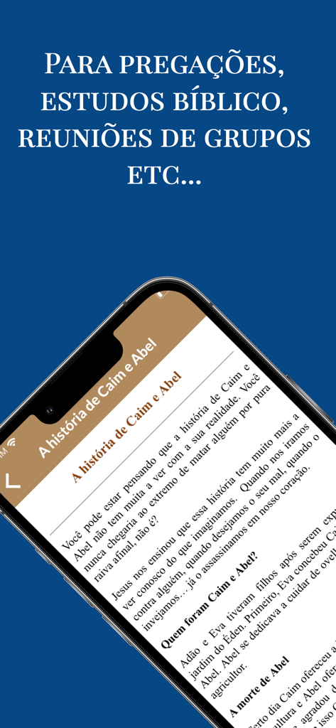 Tela móvel mostrando um esboço de estudo bíblico sobre Caim e Abel em português