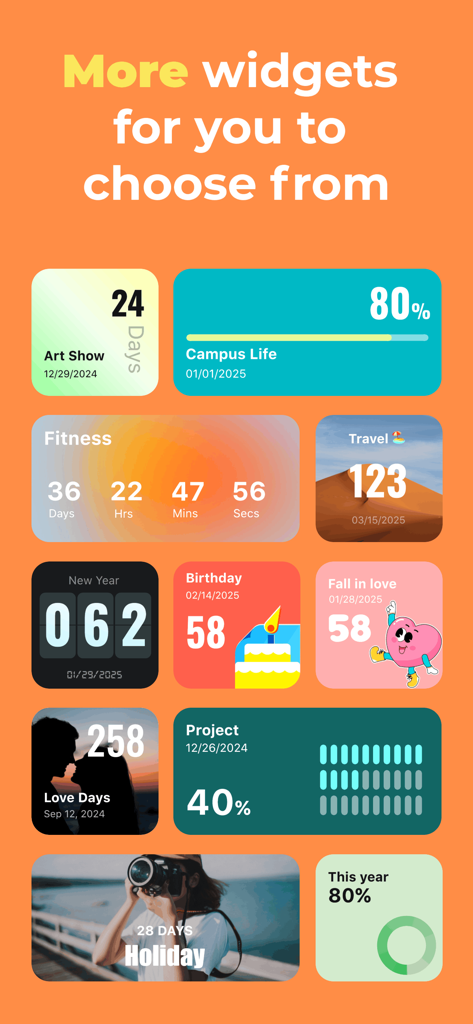 Countdown - Countdown Widget - A collection of colorful and aesthetic countdown widget designs for various life events including birthdays travel and fitness