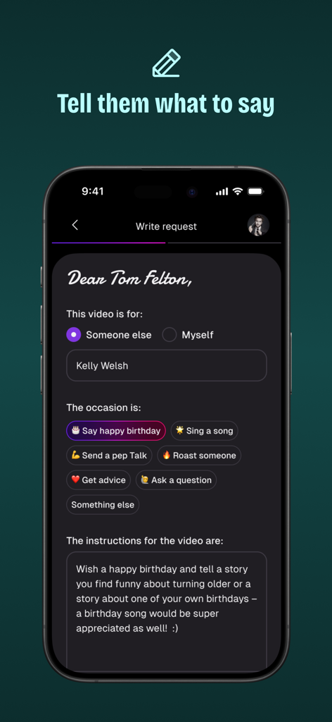 Cameo - Personal celeb videos - Cameoアプリでお気に入りの有名人からのパーソナライズされたビデオをリクエストするプロセスを示しているスクリーンショット