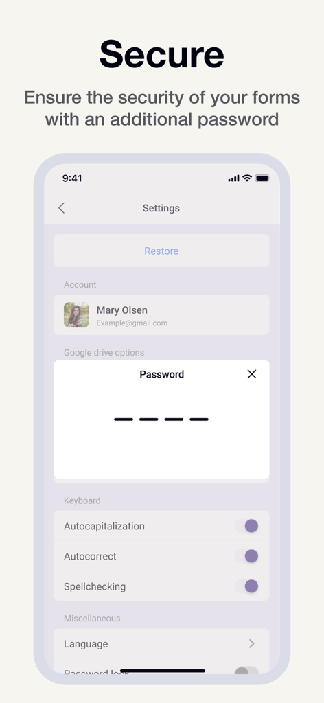 Oberfläche, die die Passwortschutz-Einstellung für die Google Forms Mobile App zeigt