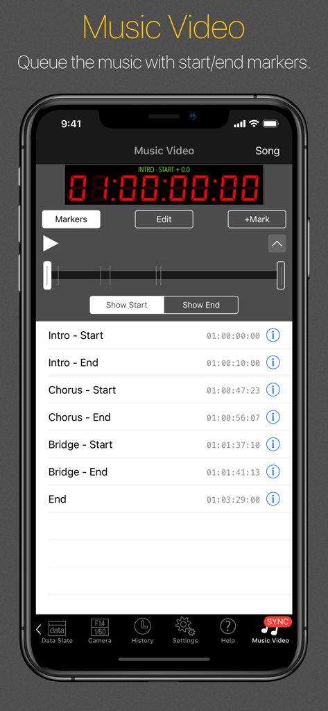 MovieSlate® 8 - MovieSlate 8 App-Oberfläche für die Musikvideoproduktion, die Timecode und Szenenmarker anzeigt