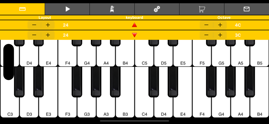 Piano - 2 Keyboard Tiles Play - Oberfläche einer Dual-Piano-Keyboard-App, die Layout- und Oktaveneinstellungen für zwei Tastenreihen anzeigt.