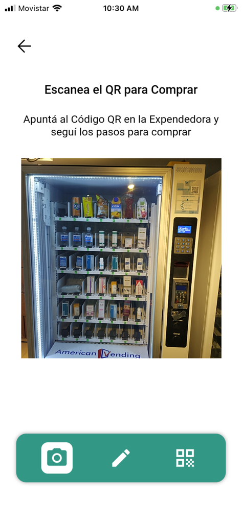 Vending Control - Mobile app screen showing a vending machine and instructions to scan its QR code for a cashless purchase