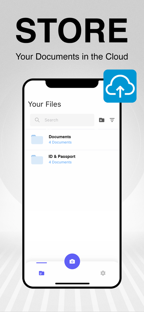 Mobile app interface showing organized folders for scanned documents and cloud backup options