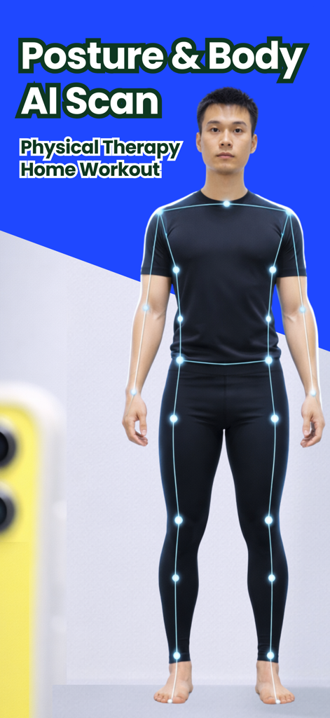 PhysioAI: Posture & Body Scan - Hombre con superposición de esqueleto IA para análisis de postura y escaneo corporal