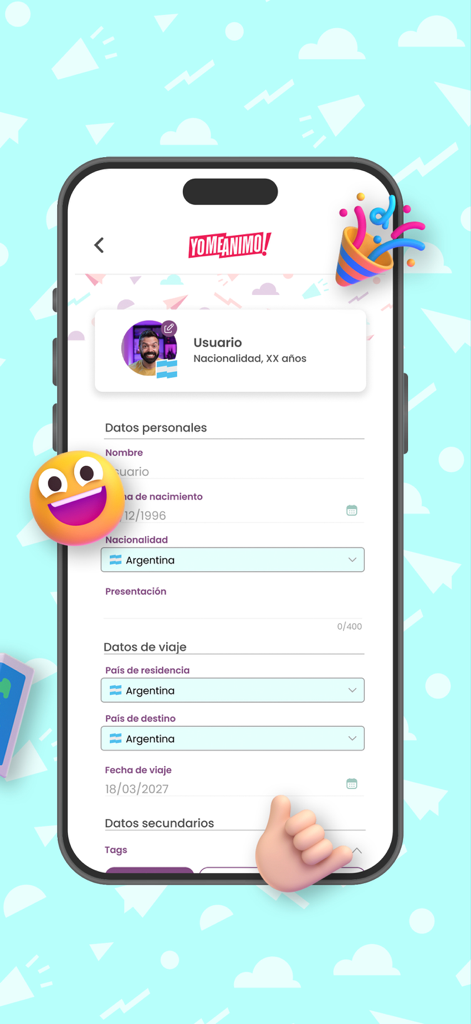 YoMeAnimo! - A mobile interface showing the YoMeAnimo app user profile and travel details setup screen