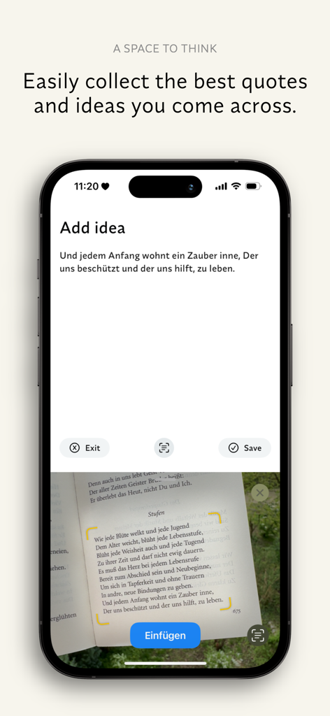 Napkin Ideas - Interface of the Napkin Ideas app showing a quote being captured from a book using an iPhone camera