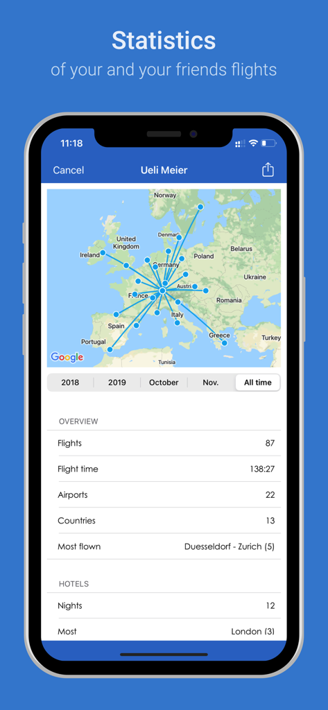 FollowMe - Share your roster - FollowMe app screenshot showing flight history statistics with a route map and total flight time summary