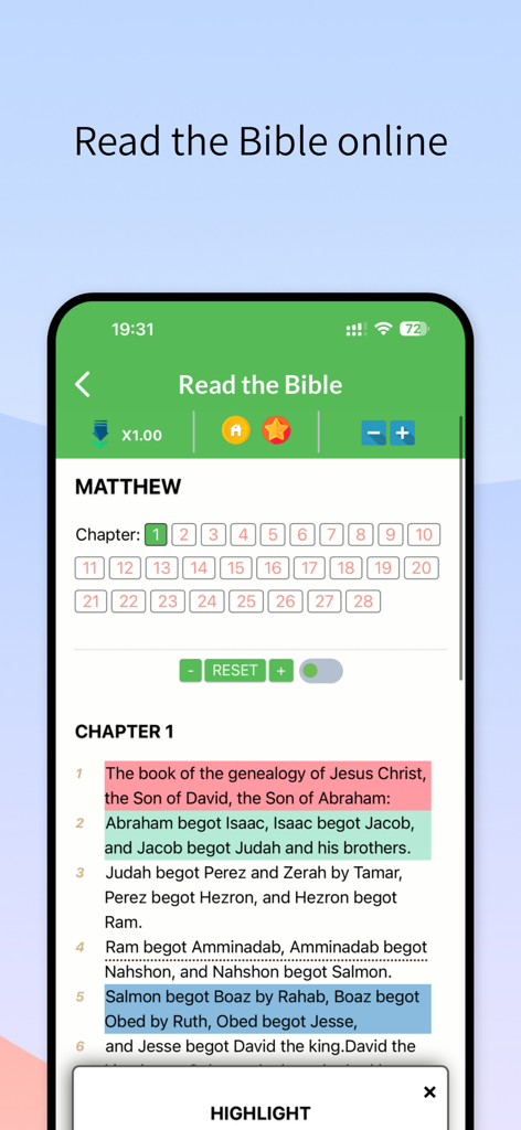 Pantalla de la aplicación de la Biblia NKJV que muestra el capítulo uno de Mateo con versículos resaltados