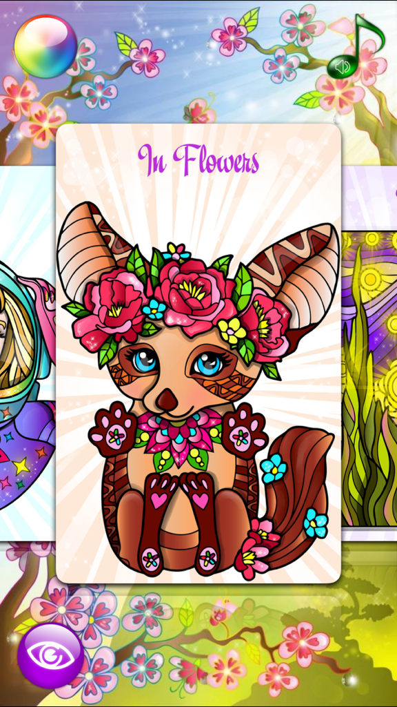 Eine fertige digitale Malvorlage eines Fuchses mit einem Blumenkranz und einem Mandala-Halsband.