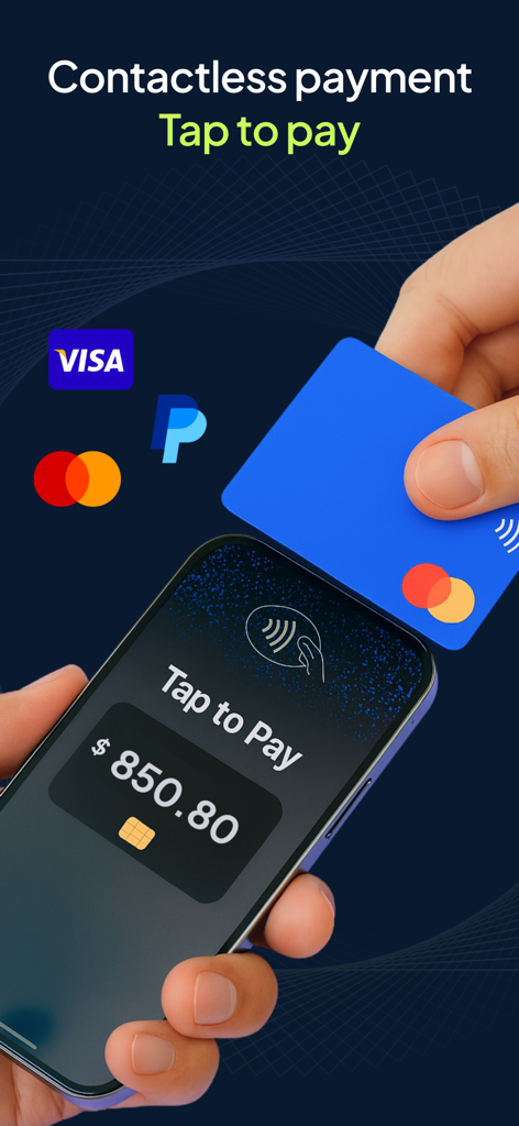 A person using an iPhone to accept a contactless credit card payment through the Bookipi app