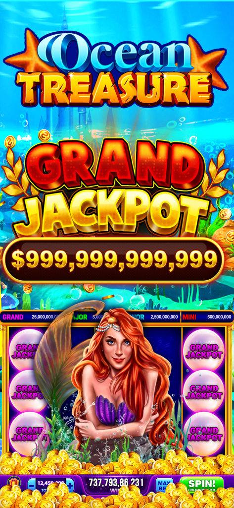 Gold Rich Casino - Vegas Slots - Juego de tragaperras Ocean Treasure con una sirena pelirroja y una enorme ganancia de gran bote de más de novecientos mil millones de monedas