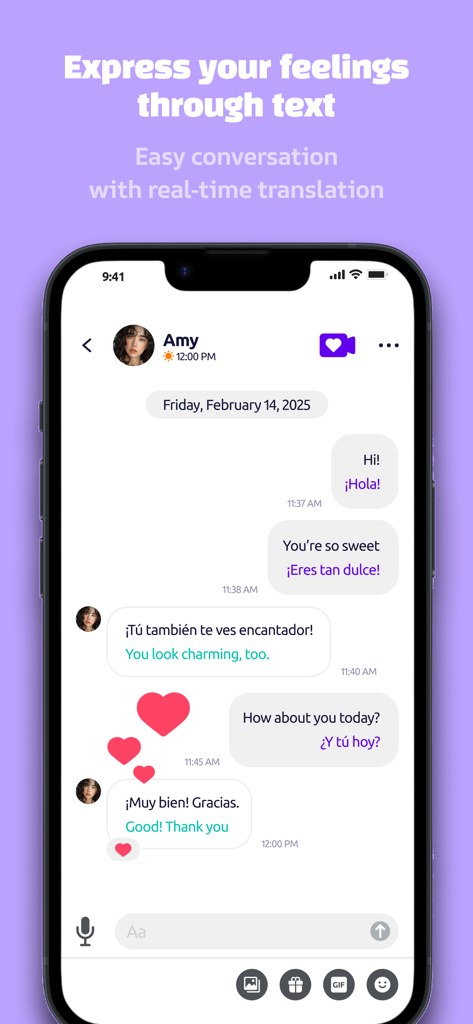 Captura de pantalla del chat de texto de la aplicación Bermuda mostrando traducción en tiempo real entre inglés y español