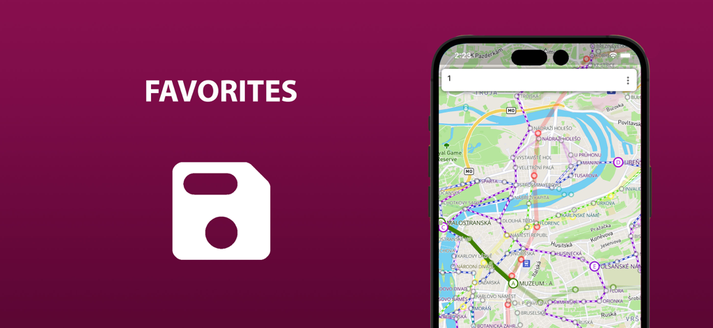 Capture d'écran de l'application des transports en commun de Prague montrant la fonction favoris et une carte détaillée des transports de la ville.