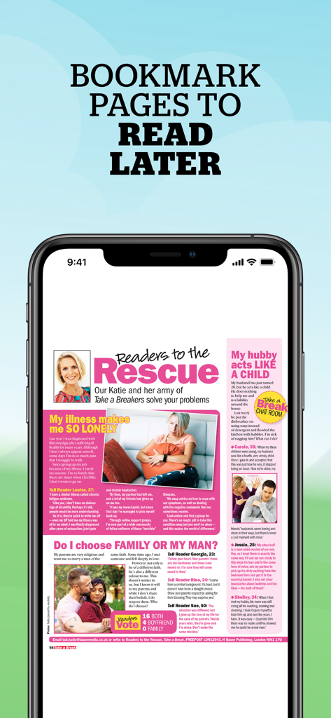Ein Smartphone zeigt die Benutzeroberfläche der Take a Break App mit der Funktion, Magazinseiten und wahre Geschichten für später zu markieren.