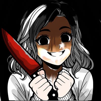 a realistic girl holding a knife and grinning