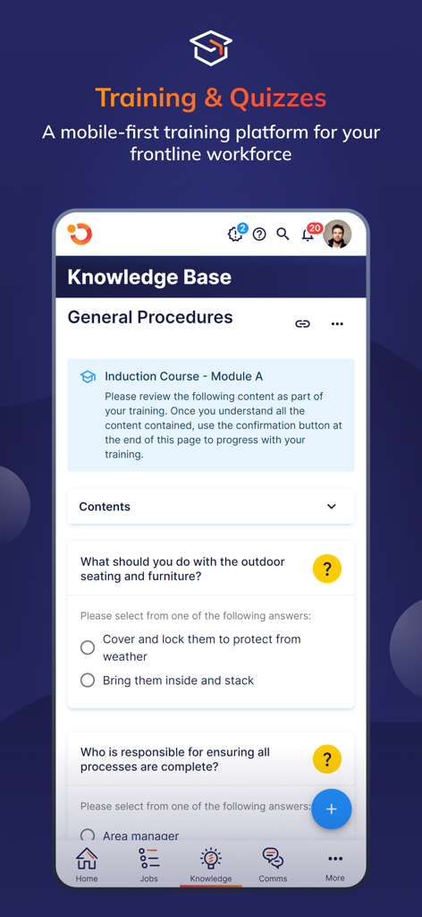 Operandio - Operandio app interface showing employee training modules and quizzes