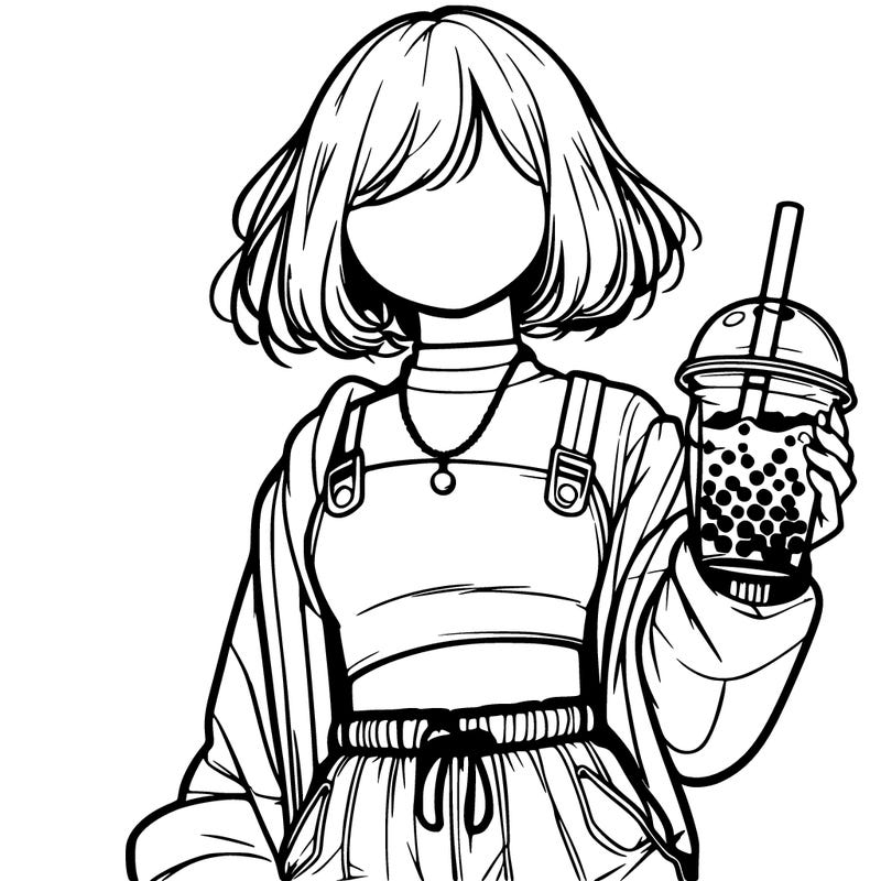 realistic facless girl wearing a crop top and wearing baggy pants drinking boba in her hands