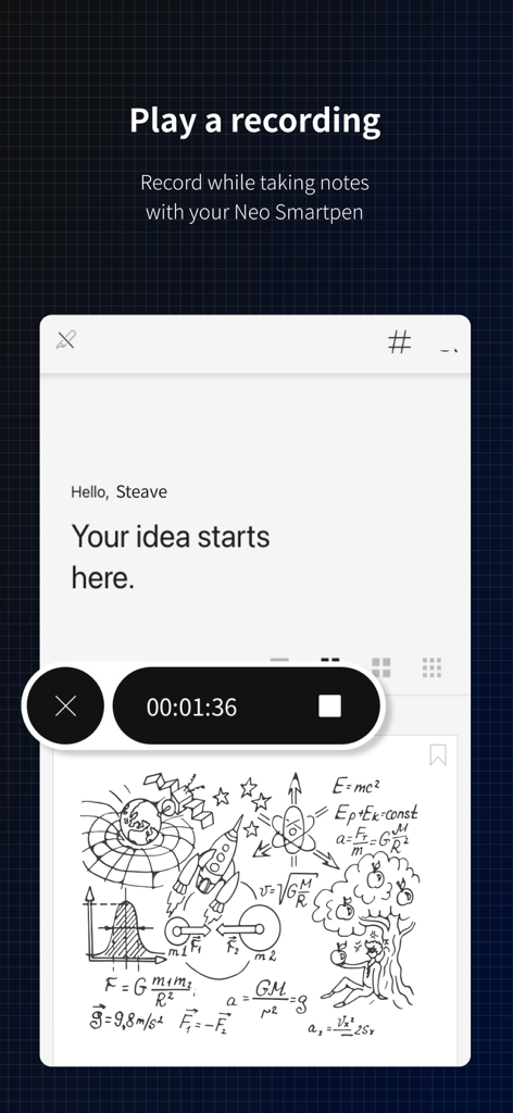 Neo Studio 2 - Interface of Neo Studio 2 showing an active audio recording synchronized with handwritten notes and scientific sketches.