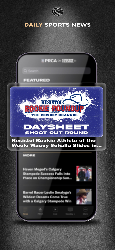 Cowboy Channel Plus - Interface d'actualités sportives quotidiennes de l'application Cowboy Channel Plus présentant les temps forts des événements de rodéo et les histoires d'athlètes