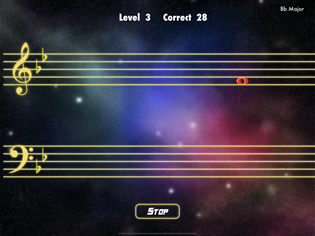 StaffWars - GrandStaff - Interfaz de juego de teoría musical con claves de sol y fa sobre un fondo espacial que muestra una nota roja en el pentagrama y seguimiento de puntuación.