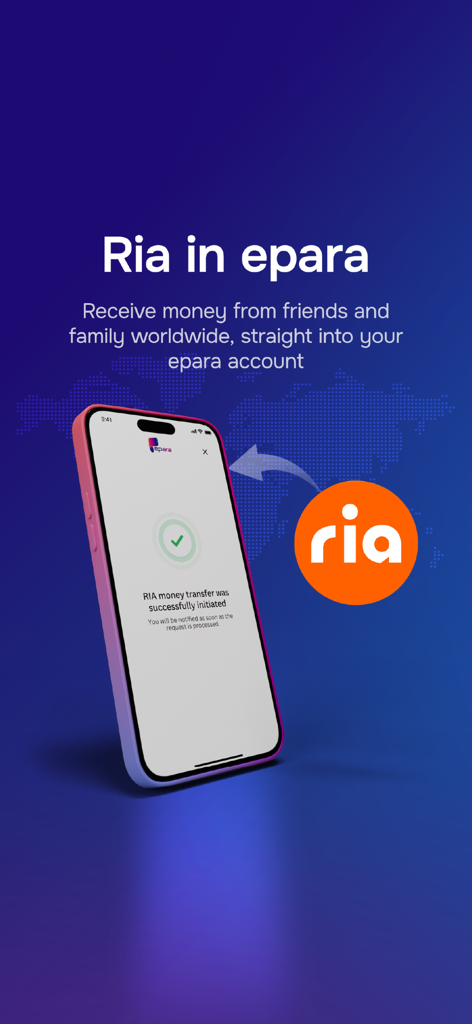 epara - Epara app screen showing Ria money transfer integration for receiving funds globally.