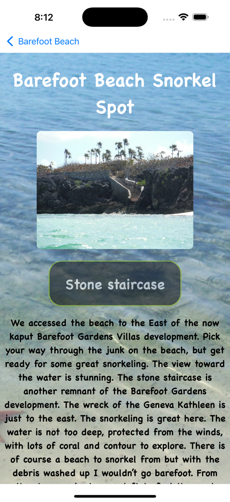 Information screen for the Barefoot Beach snorkel spot in the Cayman Snorkel app showing a photo of a stone staircase and access instructions.