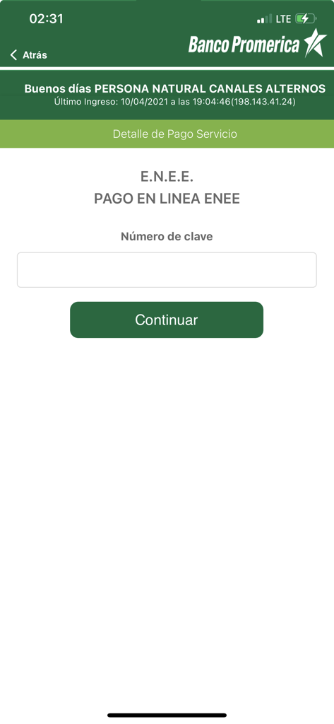 Mobile app screen showing the online payment interface for ENEE electricity bills in Honduras