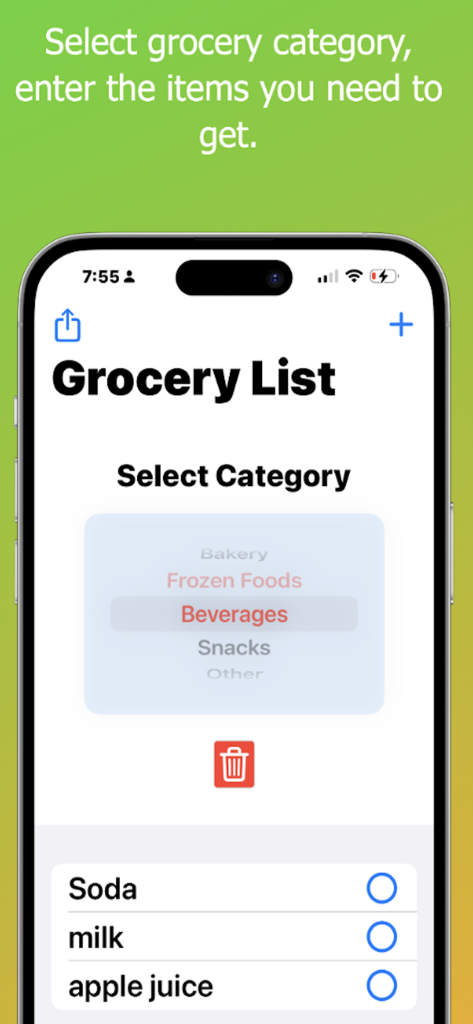 Grocy List - Oberfläche der Grocy List App, die die Auswahl von Lebensmittelkategorien für Artikel wie Getränke und Snacks zeigt.