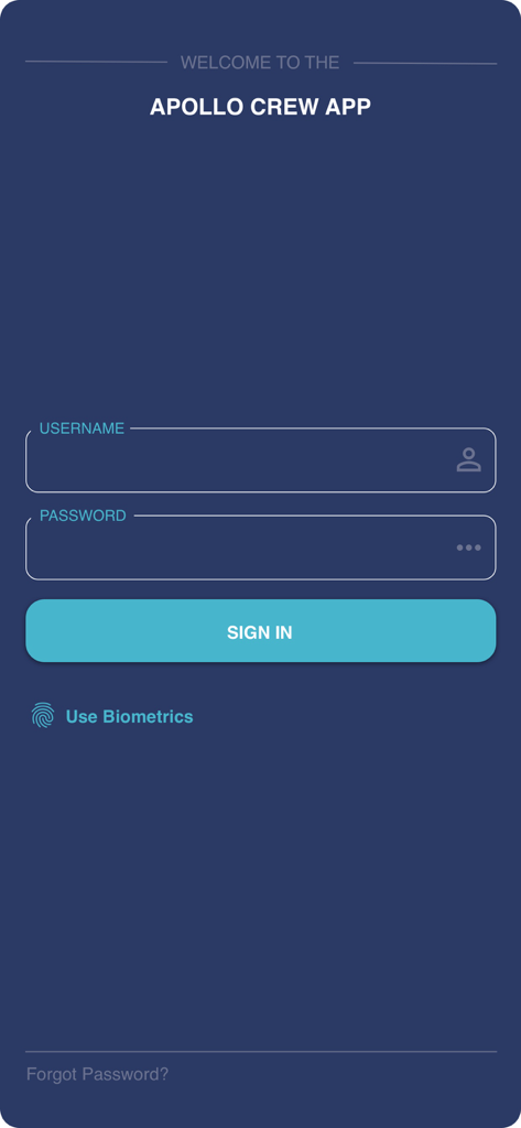 The Apollo Group - CrewApp - Apollo Crew App sign in screen featuring username and password entry fields