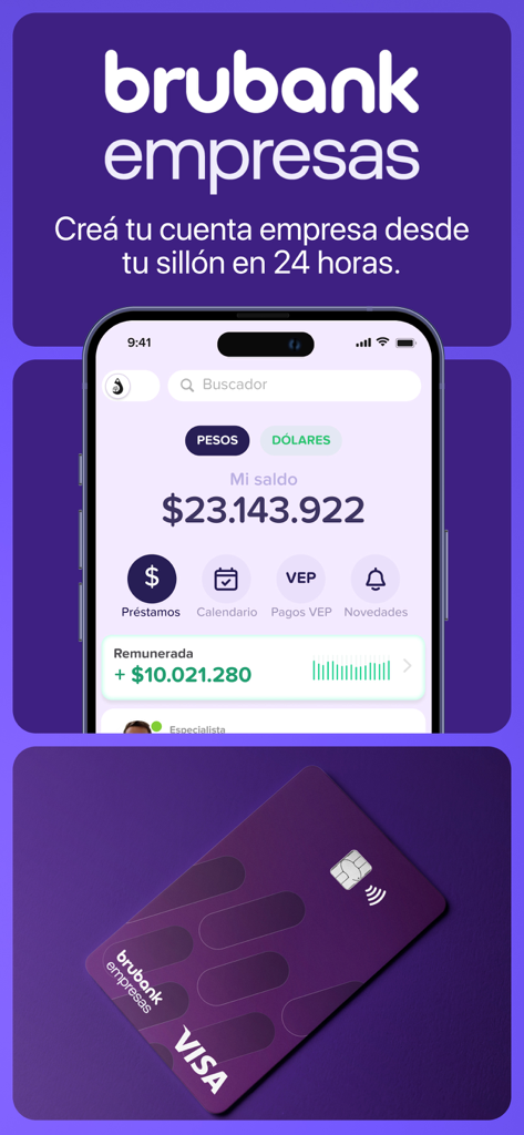 事業口座残高と紫色のVisaビジネスカードを示すBrubank Empresasモバイルアプリのインターフェース。