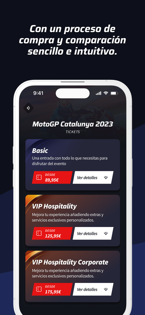 Circuit BCN-CAT - Pantalla de la aplicación móvil que muestra las opciones de entradas para MotoGP de Catalunya con niveles básicos y de hospitalidad VIP