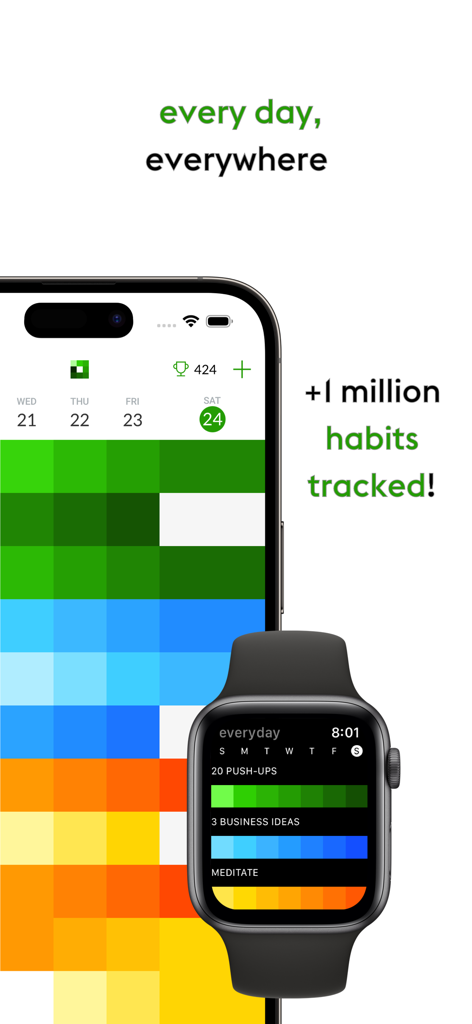 Everyday habit tracker app interface shown on an iPhone and Apple Watch featuring colorful habit grids and progress bars.