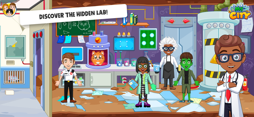 My City: Doctor Hospital - 実験管に入った猫がいる、隠された病院の実験室にいる漫画のキャラクター。