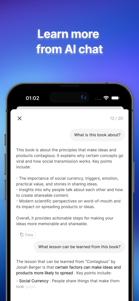Interfaz de chat de IA de la aplicación Tingla que muestra un resumen y lecciones clave del libro Contagious