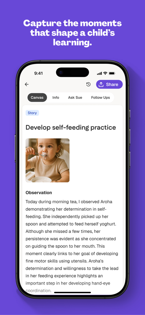 Mana (formerly LoveHeart AI) - 스스로 먹기 연습에 대한 아동 발달 관찰 및 학습 이야기가 표시된 Mana 앱 화면