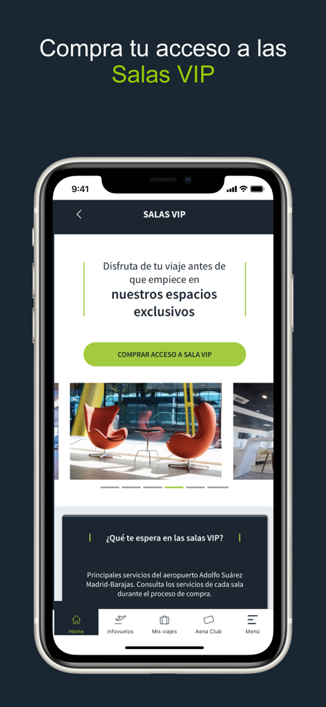 Interfaz de la app móvil Aena para reservar acceso a salas VIP en aeropuertos de España