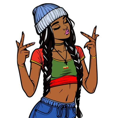 realistic teenage girl with braids and a beanie and crop top doing 🫶🏼