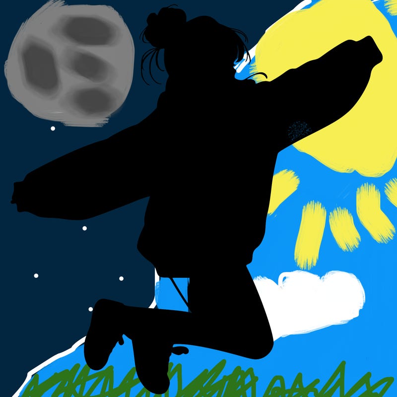 realistic girl jumping with a bun and oversized sweatshirt