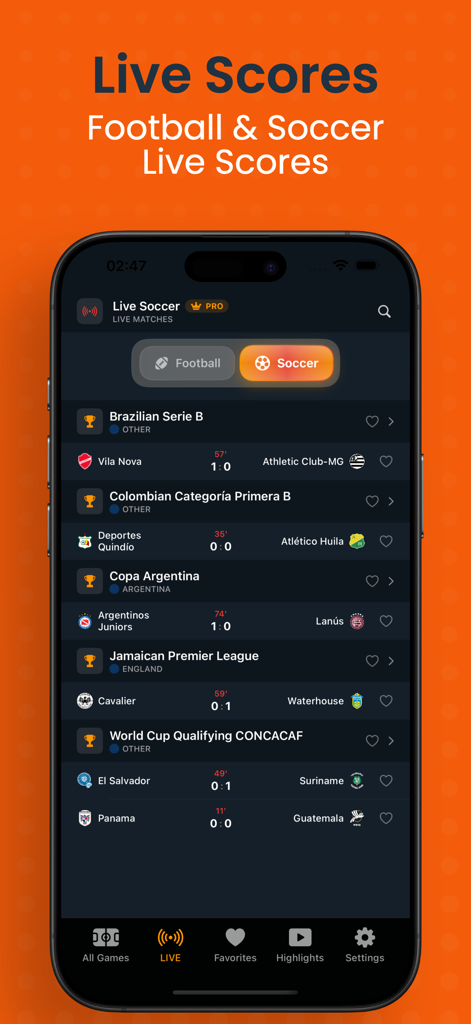 The Dofu - Live Sports Scores - Interfaz de la aplicación The Dofu mostrando puntuaciones de fútbol en vivo y actualizaciones de partidos de ligas internacionales.
