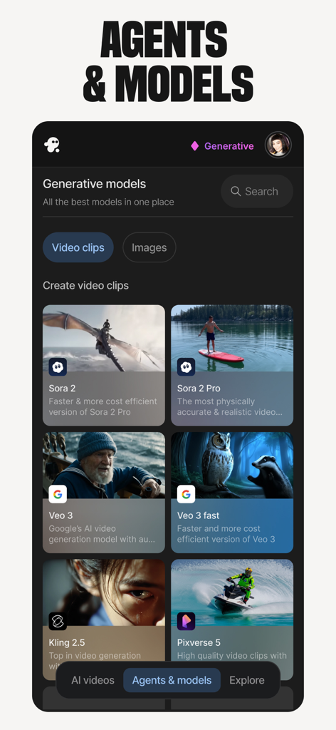 invideo AI: AI Video Generator - La interfaz de la aplicación móvil Invideo AI mostrando una selección de modelos de vídeo generativos de IA, incluyendo Sora y Google Veo.