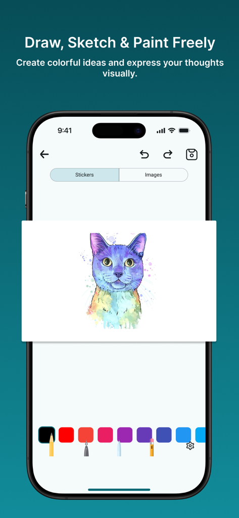 Daynote app interface showing a colorful cat drawing and sketching tools.