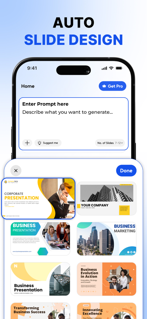 Interface of AI PPT Maker app showing auto slide design prompts and professional presentation templates