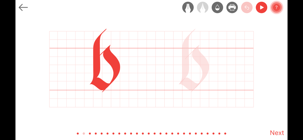 Gothic Fraktur - Uma interface de prática de caligrafia digital para o estilo Gótico Fraktur mostrando uma letra b vermelha em uma grade com guias de traçado.