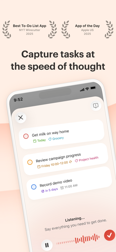 Todoist iPhone app showing voice command task entry and upcoming to-do list items