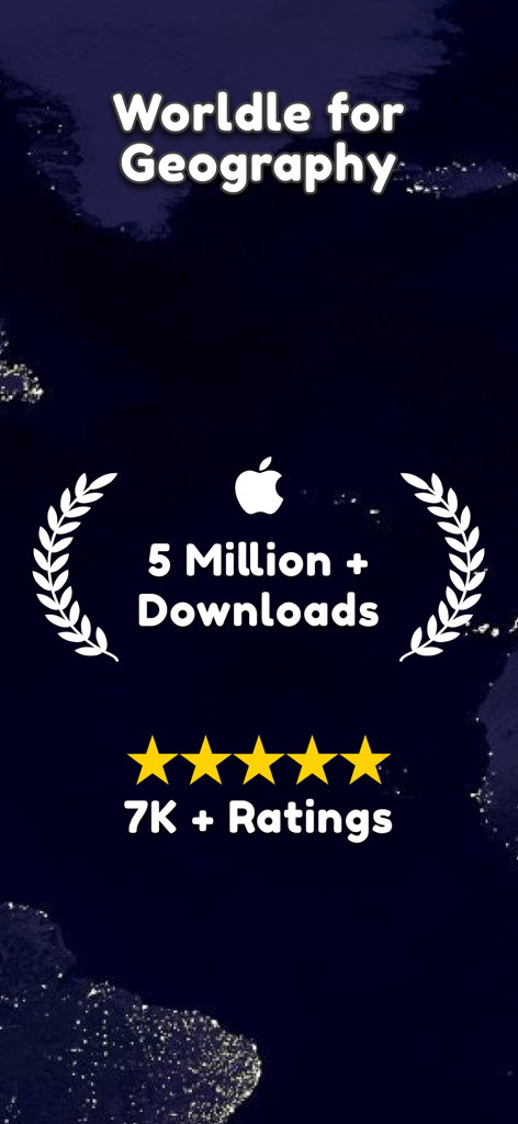 Earthle geography game showing over 5 million downloads and 7 thousand 5-star ratings on the App Store.