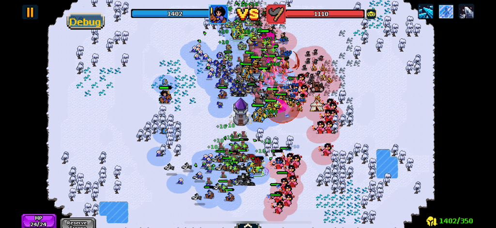 Empires Game - Escena de batalla pixel art entre dos ejércitos en un mapa nevado.