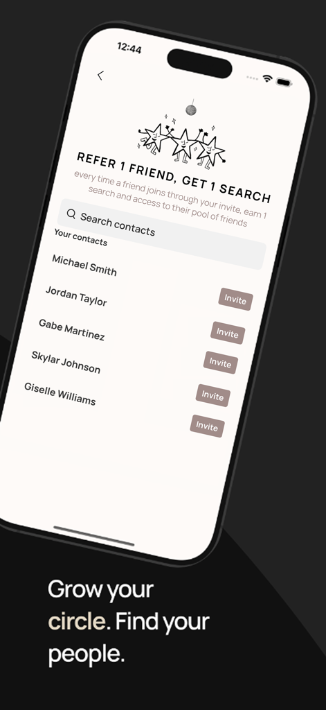 A mobile interface for the Cerca app showing how to invite contacts and refer friends